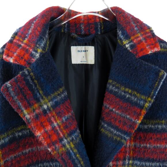 Old Navy Oversized Soft-Brushed Plaid Coat Navy & Red Tartan Plaid Wool Small - Picture 6 of 8